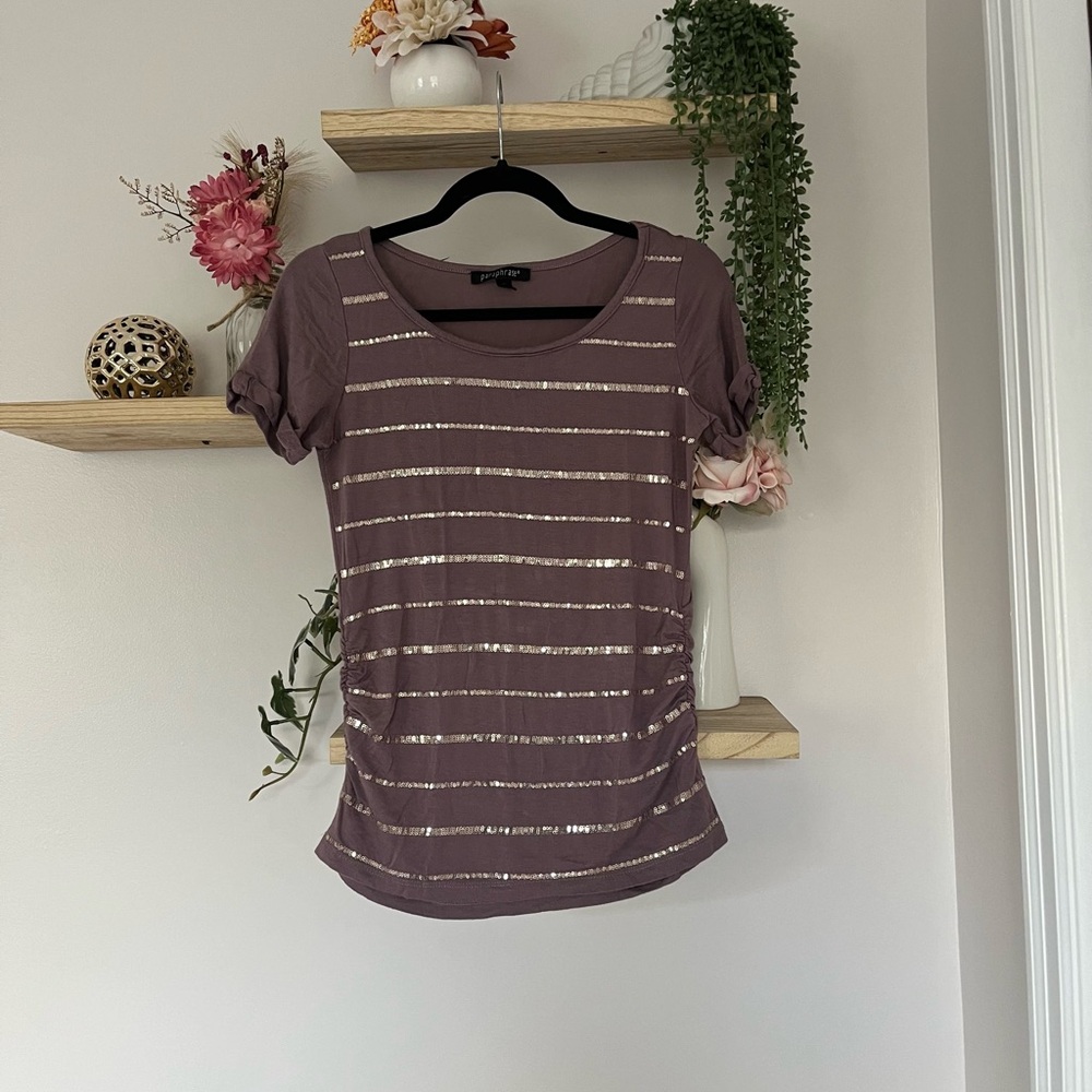 Y2K Paraphrase purple and gold sparkle striped top with side ruching